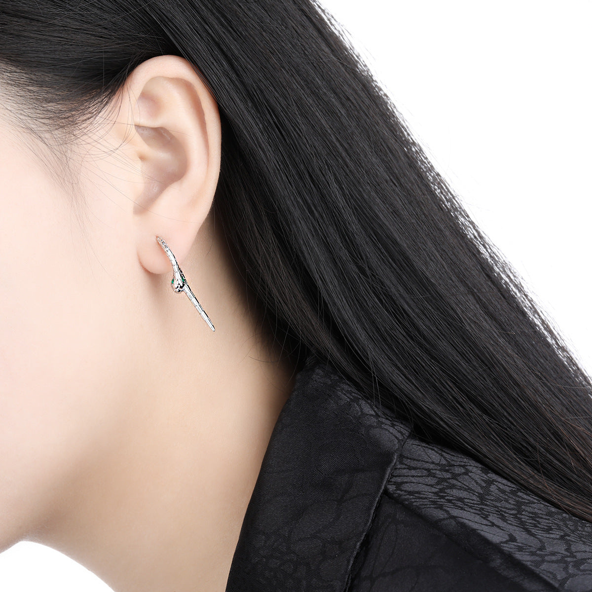 Modern Animal Green CZ Eye Snake 925 Sterling Silver Leverback Dangling Earrings with 4 green cubic zirconia stones, on ear display