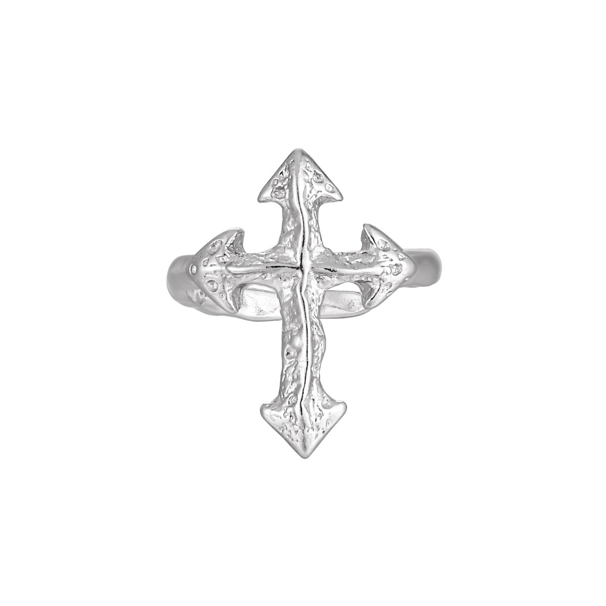 Modern irregular cross 925 sterling silver adjustable ring with 22mm top size and open band design, On White Background