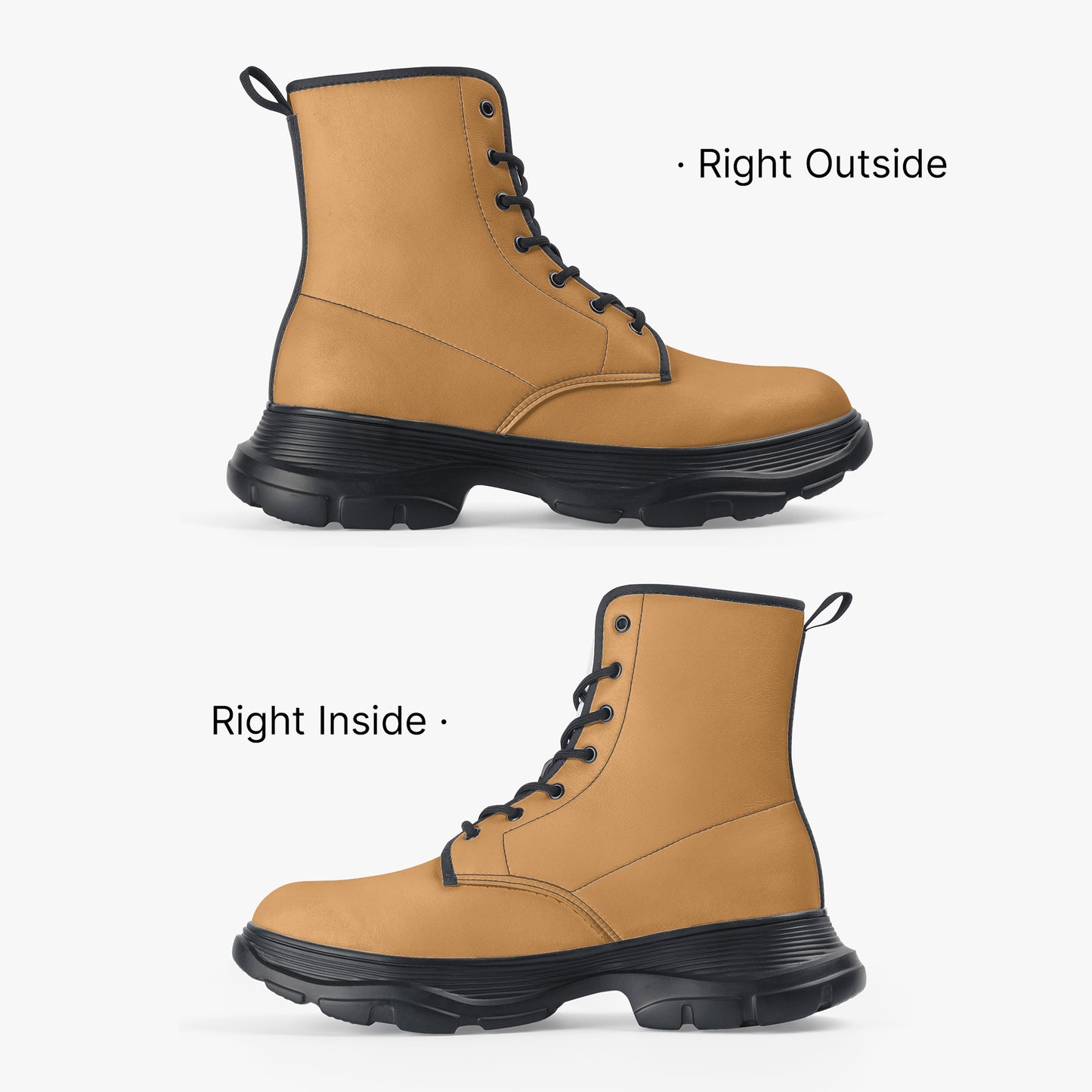 Tan work boots shown from the right side on a white background