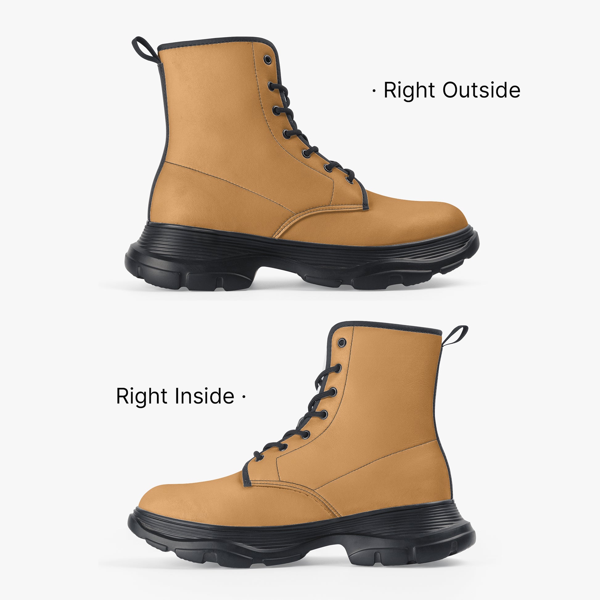 Tan work boots shown from the right side on a white background
