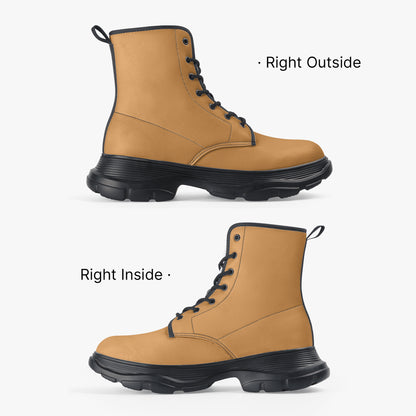Tan work boots shown from the right side on a white background