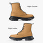 Tan work boots shown from the right side on a white background