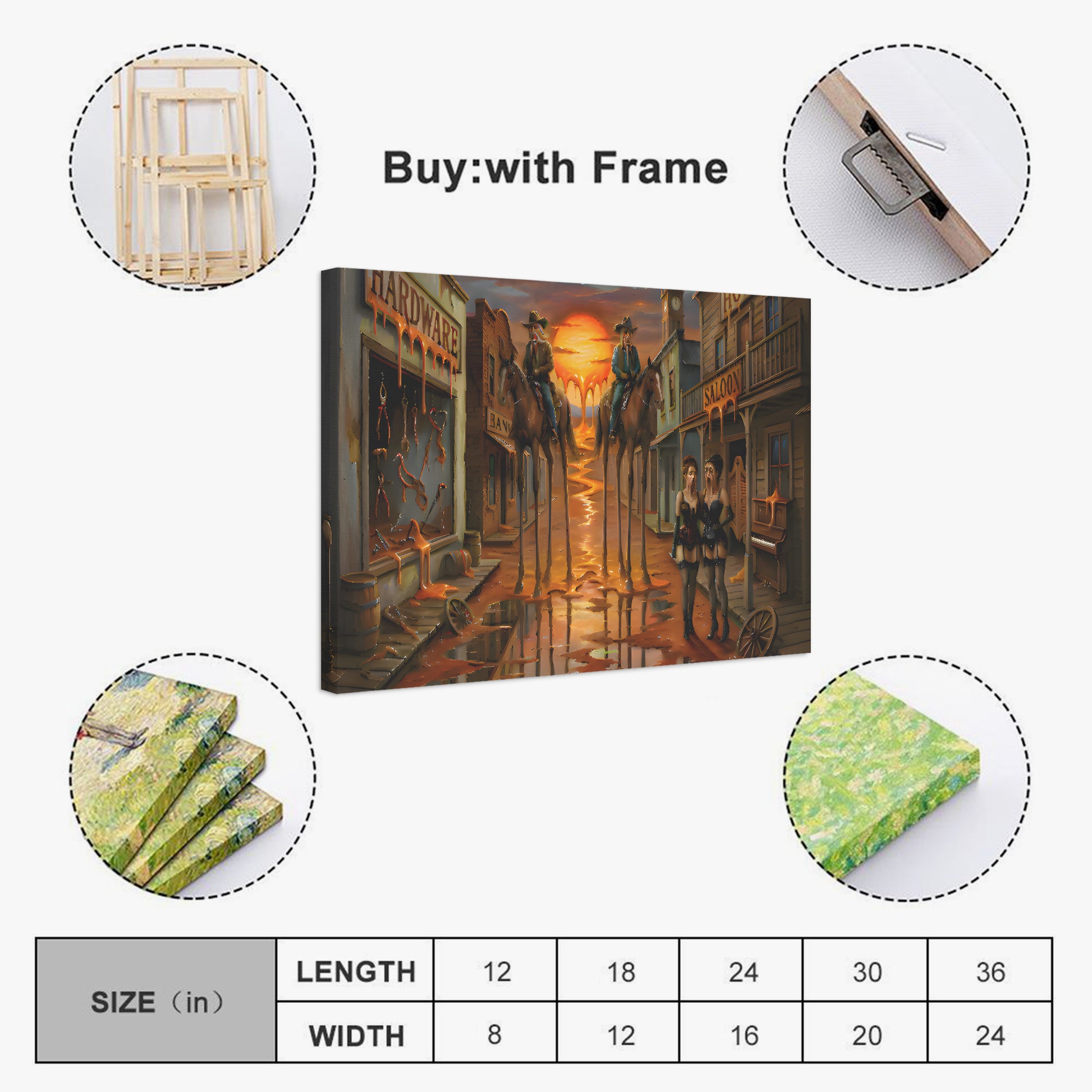 Western-themed canvas print with frame options on a white background. Dali Inspired Wild West Painting