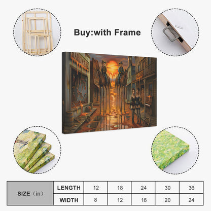 Western-themed canvas print with frame options on a white background. Dali Inspired Wild West Painting