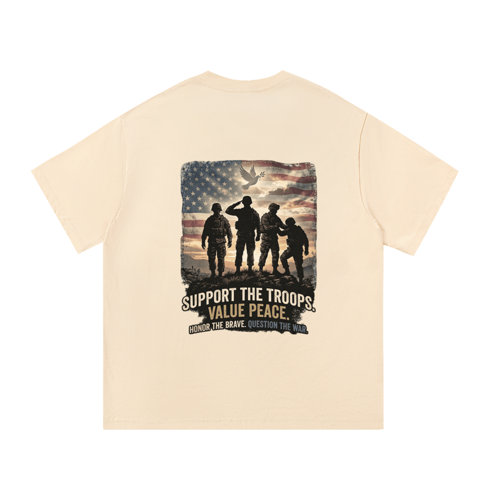 Beige t-shirt with a graphic of soldiers and an American flag on the back, on a white background. Support The Troops T-Shirt
Protest The War