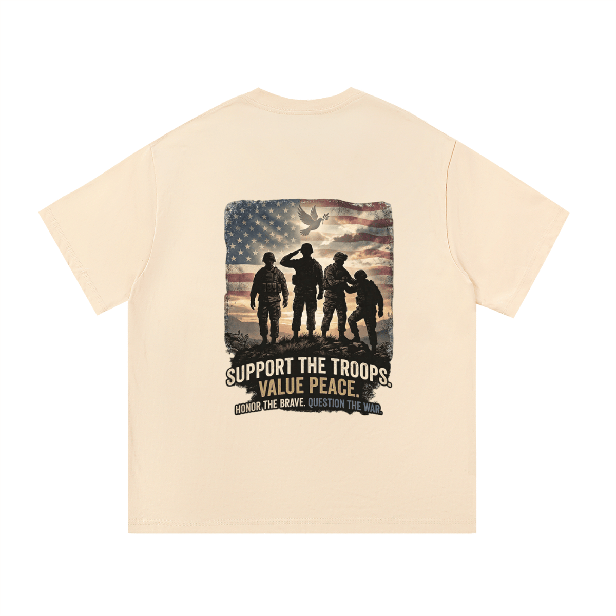 Beige t-shirt with a graphic of soldiers and an American flag on the back, on a white background. Support The Troops T-Shirt
Protest The War