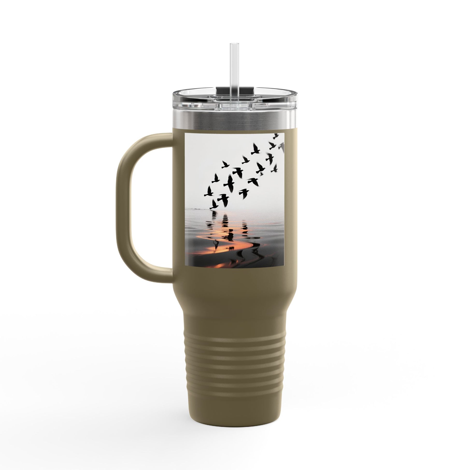 Sunset Shore with Flying Birds Travel Mug | 40oz Insulated Tumbler - S & M Design Studios