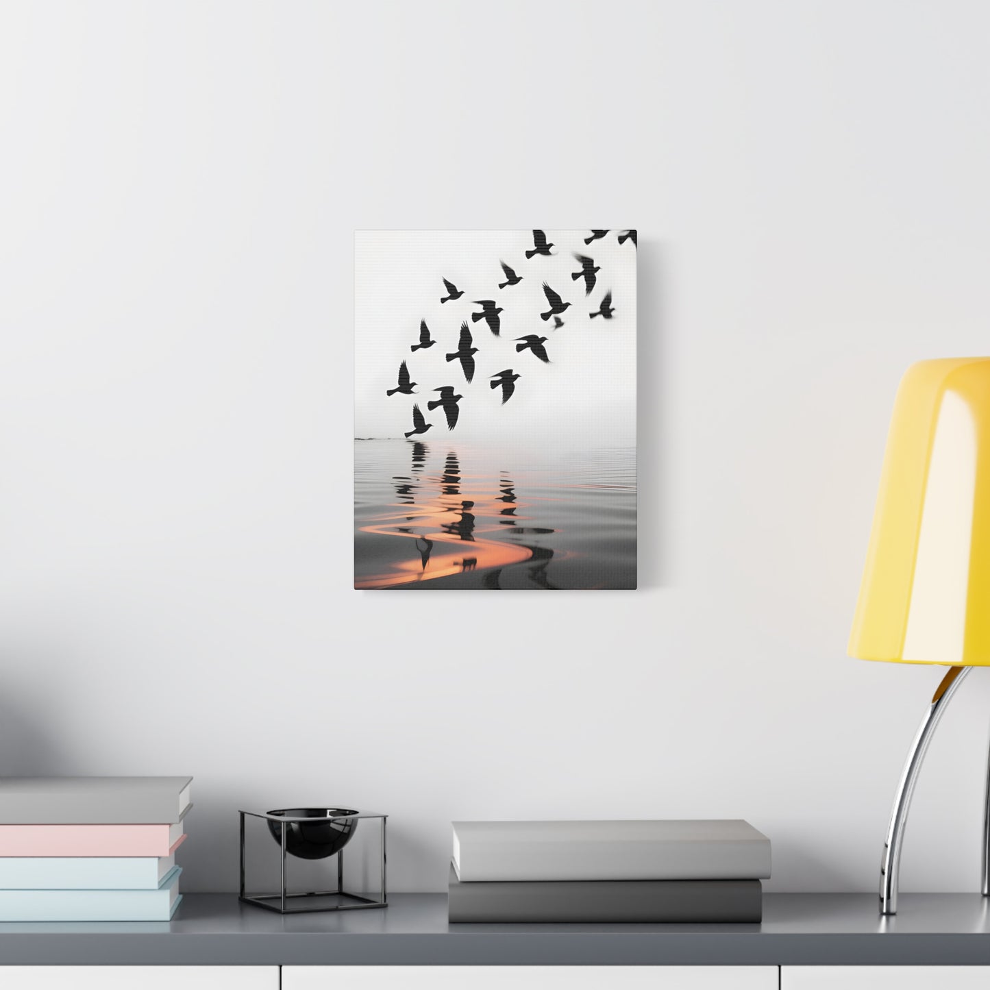 Canvas Wall Art — Flock of Birds Silhouette over Reflective Water (Matte Stretched) - S & M Design Studios
