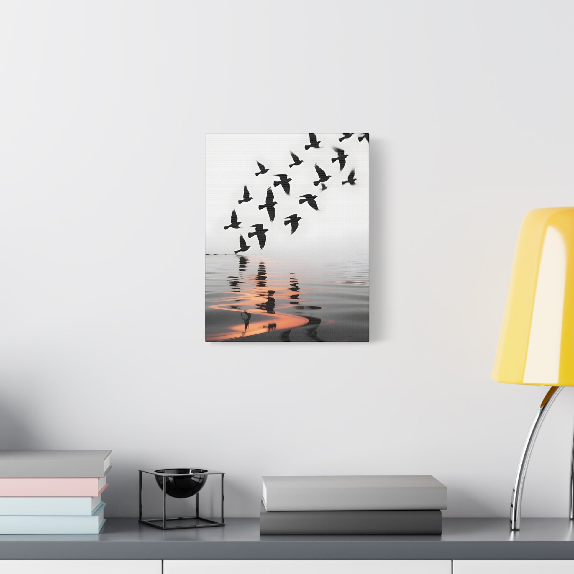 Canvas Wall Art — Flock of Birds Silhouette over Reflective Water (Matte Stretched) - S & M Design Studios