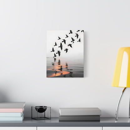 Canvas Wall Art — Flock of Birds Silhouette over Reflective Water (Matte Stretched) - S & M Design Studios