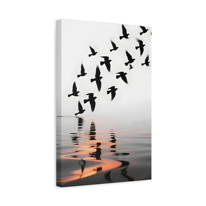 Canvas Wall Art — Flock of Birds Silhouette over Reflective Water (Matte Stretched) - S & M Design Studios