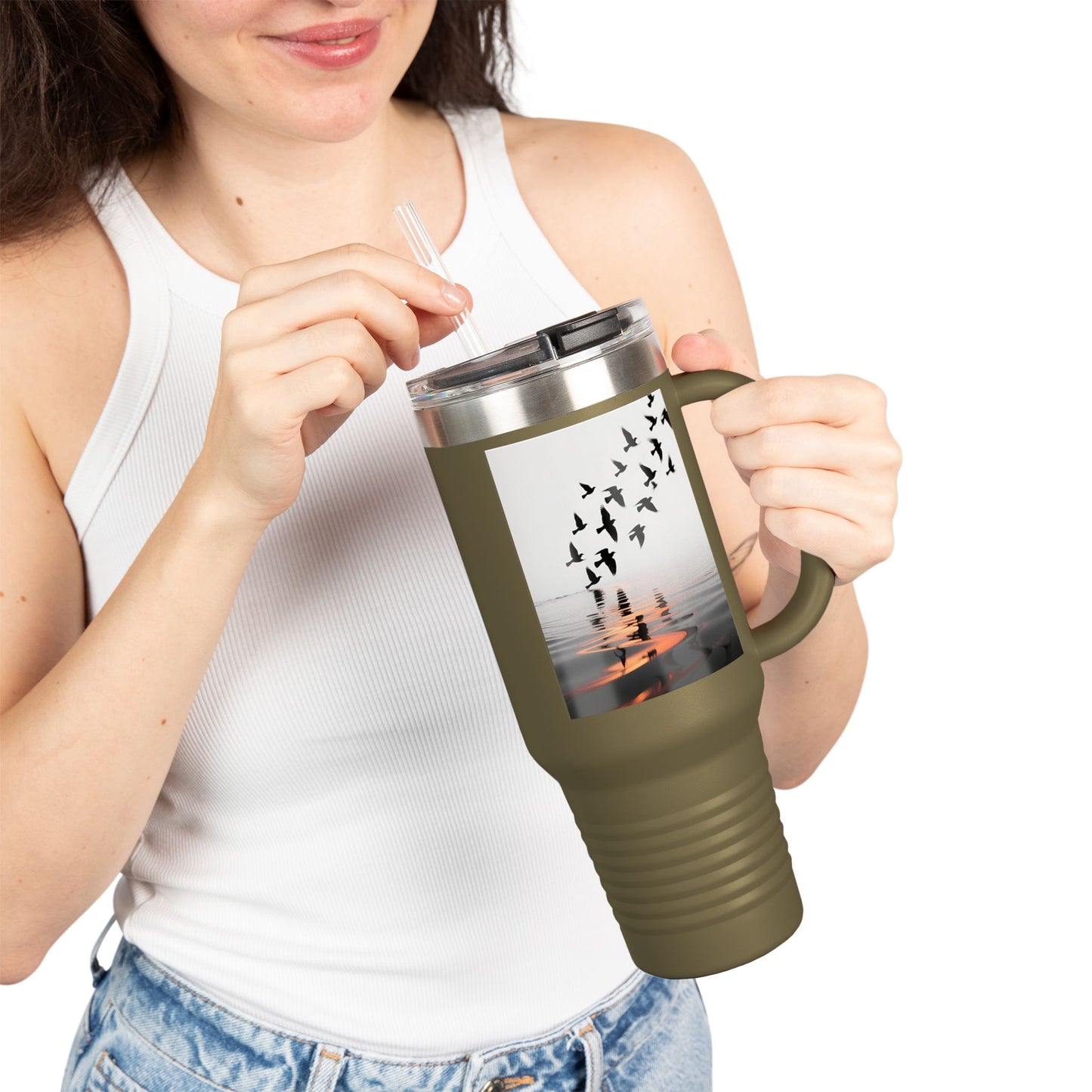Sunset Shore with Flying Birds Travel Mug | 40oz Insulated Tumbler - S & M Design Studios