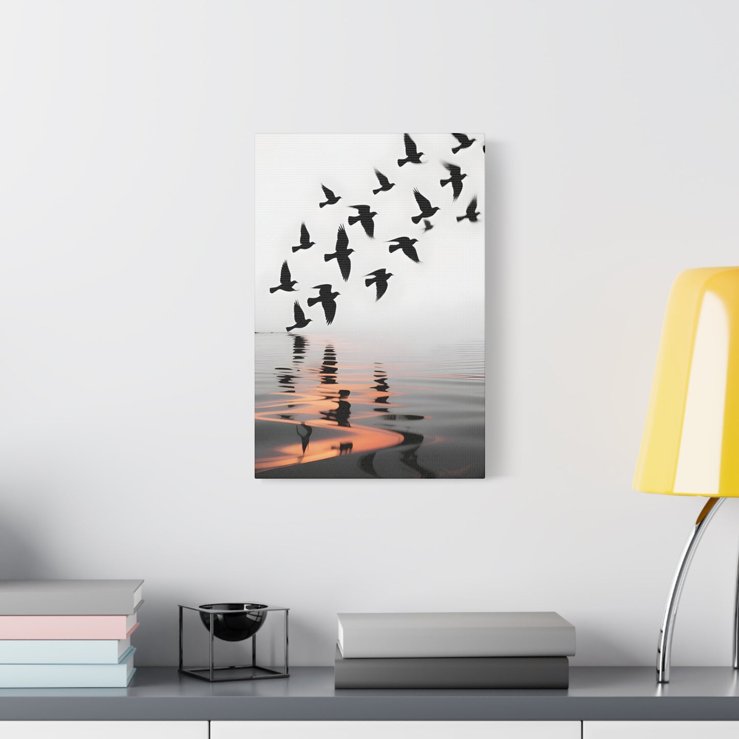 Canvas Wall Art — Flock of Birds Silhouette over Reflective Water (Matte Stretched) - S & M Design Studios