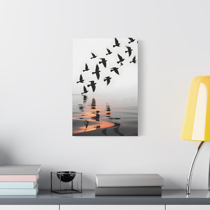 Canvas Wall Art — Flock of Birds Silhouette over Reflective Water (Matte Stretched) - S & M Design Studios