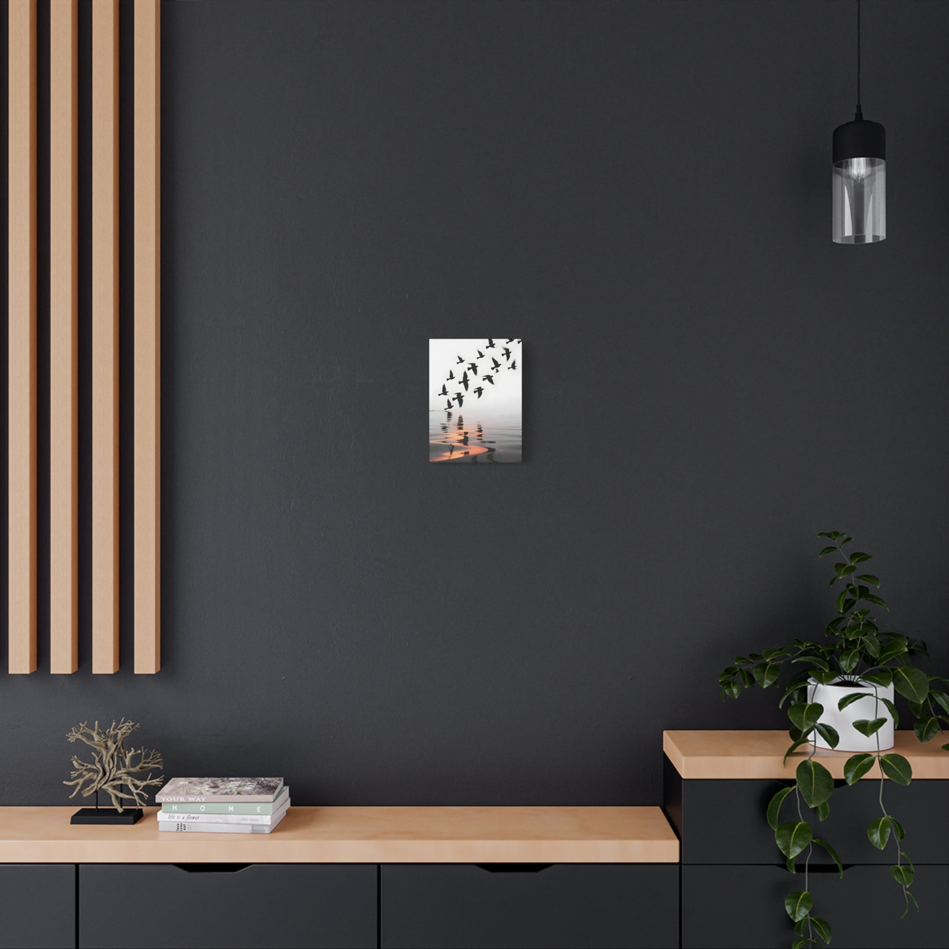 Canvas Wall Art — Flock of Birds Silhouette over Reflective Water (Matte Stretched) - S & M Design Studios