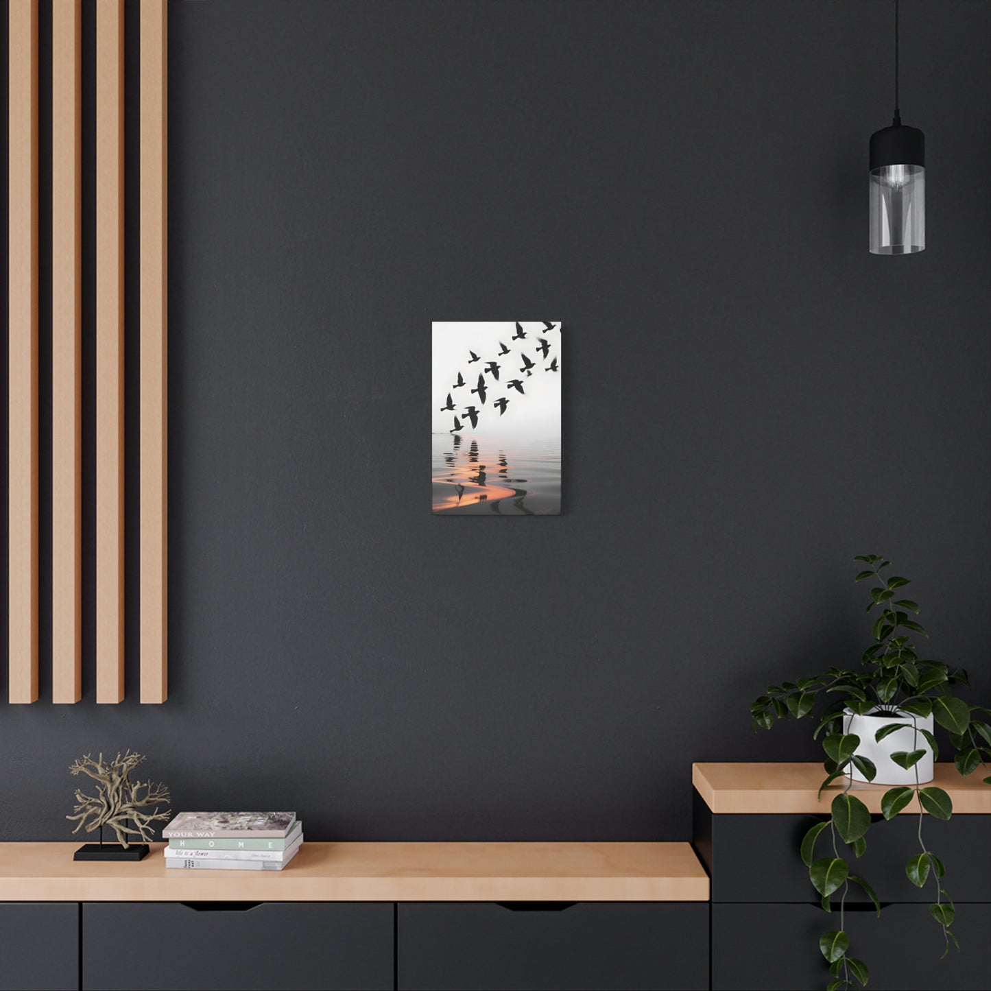 Canvas Wall Art — Flock of Birds Silhouette over Reflective Water (Matte Stretched) - S & M Design Studios