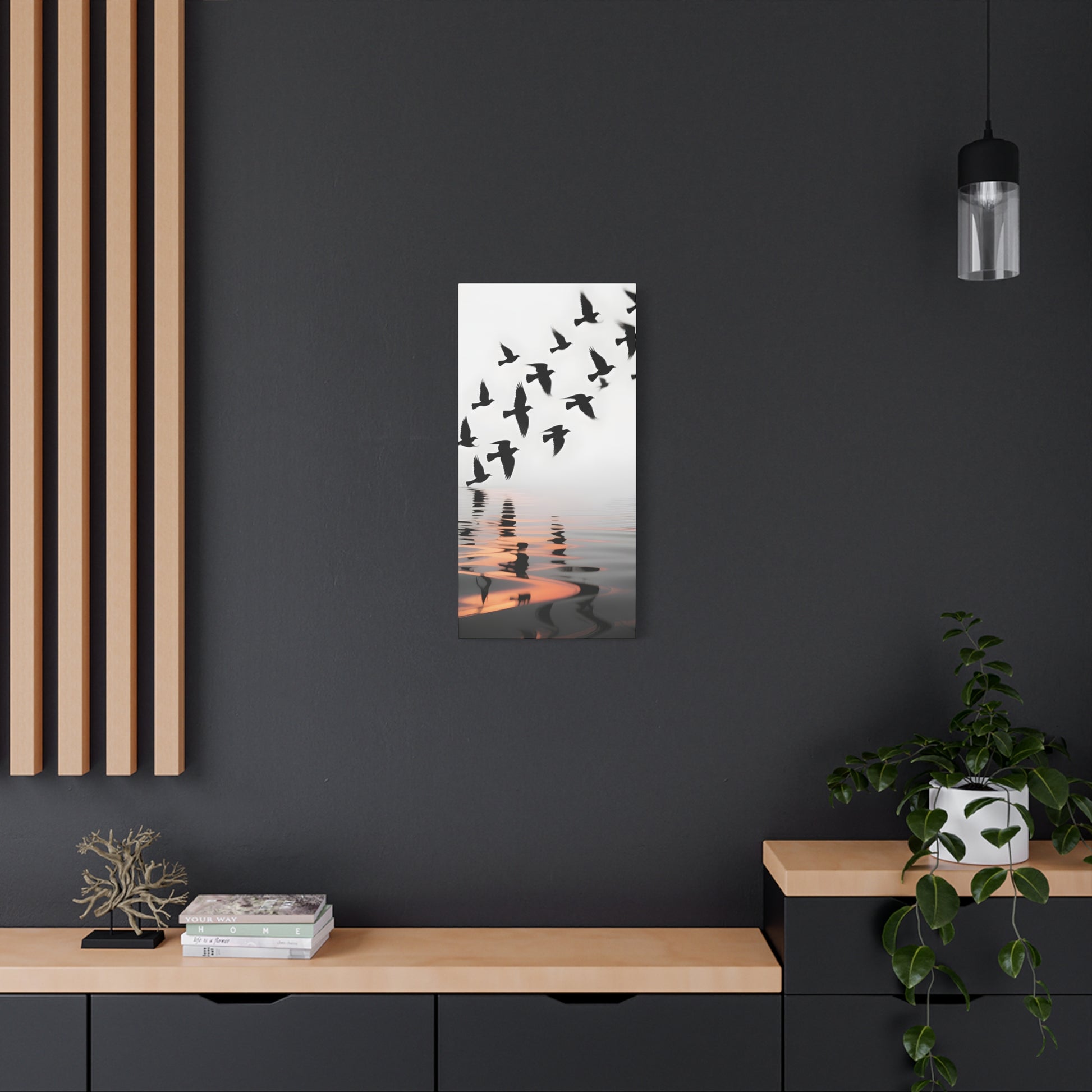 Canvas Wall Art — Flock of Birds Silhouette over Reflective Water (Matte Stretched) - S & M Design Studios