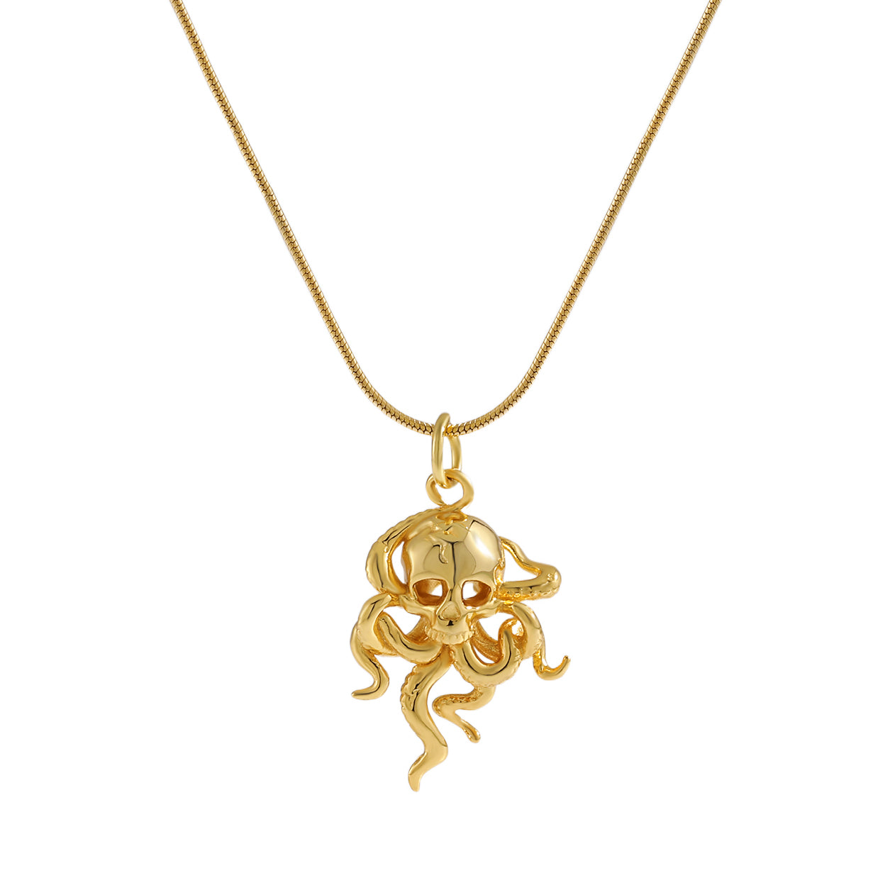 Gold octopus necklace on a chain against a white background- Front View