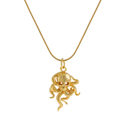 Gold octopus necklace on a chain against a white background- Front View