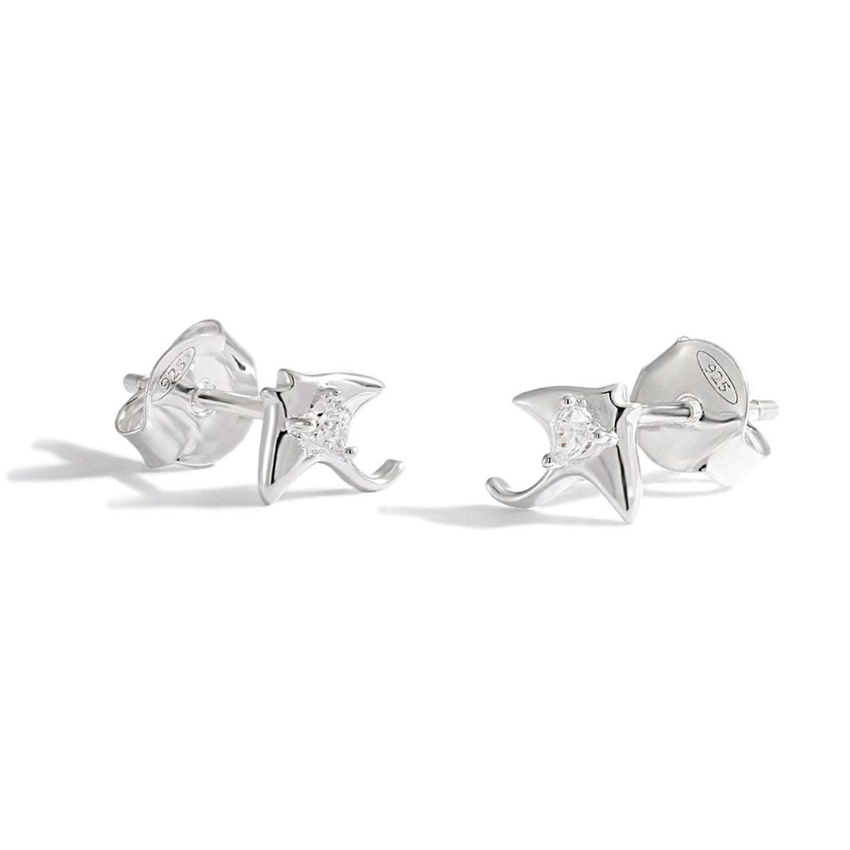 Sting Ray Fish Sterling Silver Stud Earrings- On White Background-Cubic Zirconia 