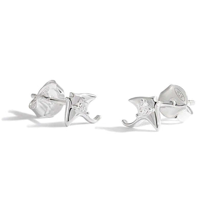 Sting Ray Fish Sterling Silver Stud Earrings- On White Background-Cubic Zirconia 