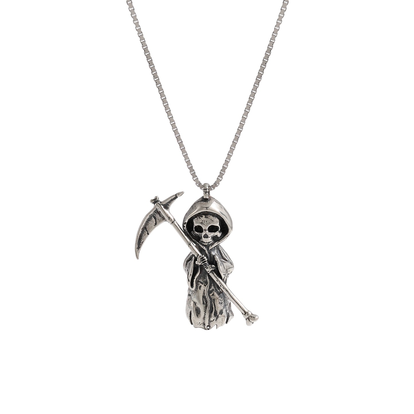 Skeleton Holding A Sickle Sterling Silver Necklace- Grim Reaper Necklace- Front View