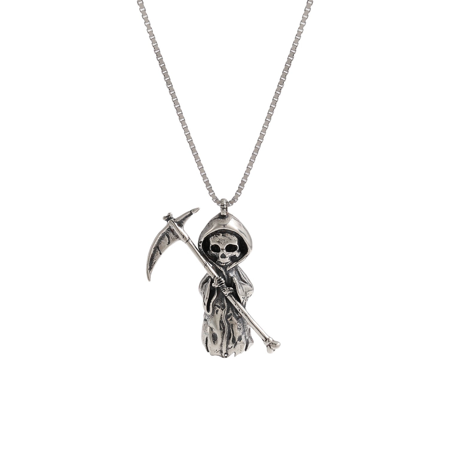 Skeleton Holding A Sickle Sterling Silver Necklace- Grim Reaper Necklace- Front View