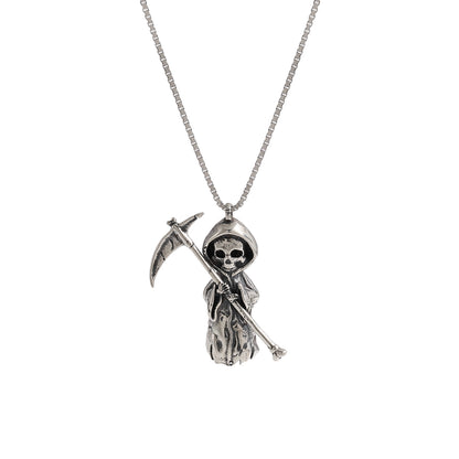 Skeleton Holding A Sickle Sterling Silver Necklace- Grim Reaper Necklace- Front View