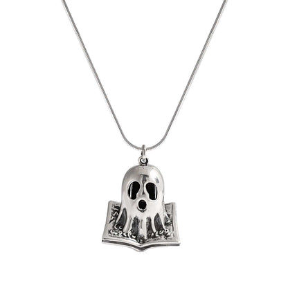 Silver ghost pendant necklace on a white background- Antique Oxide Finish