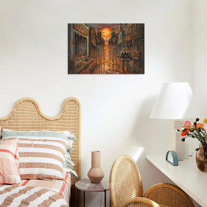 Bedroom with wicker headboard, chair, and wall art of cowboys in a saloon. Dali Inspired Wild West Painting