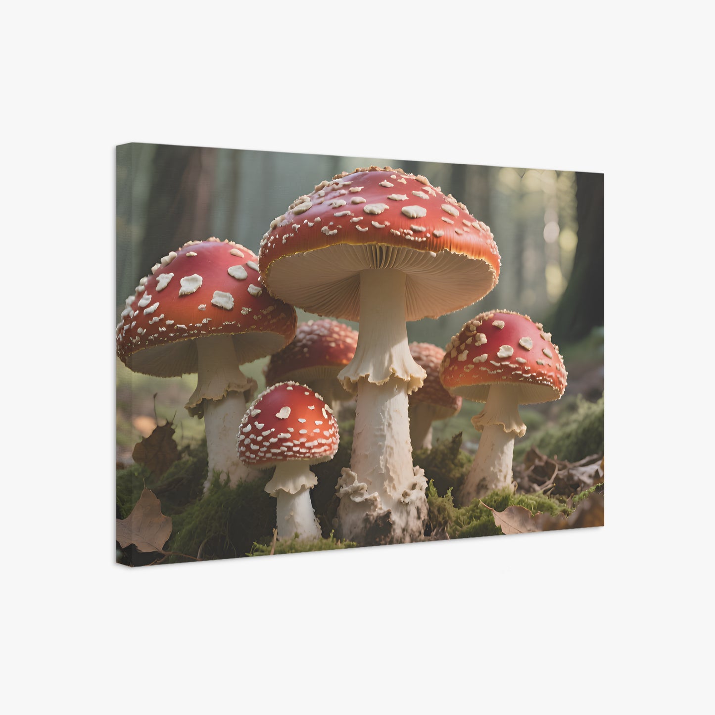 Canvas print of red and white mushrooms in a forest setting