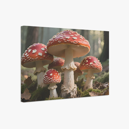 Canvas print of red and white mushrooms in a forest setting