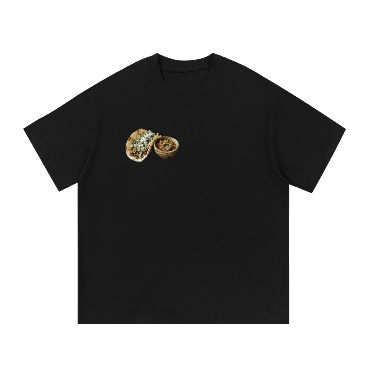 Black t-shirt with a small graphic of two tacos on a white background