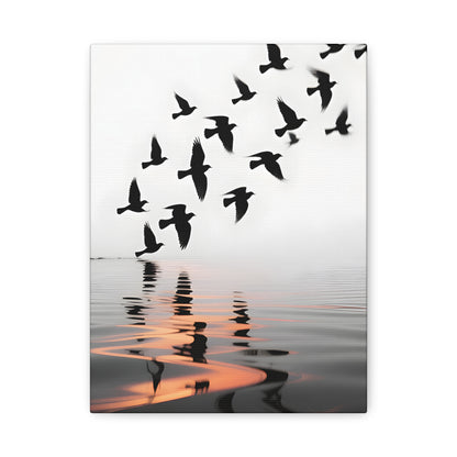 Canvas Wall Art — Flock of Birds Silhouette over Reflective Water (Matte Stretched) - S & M Design Studios