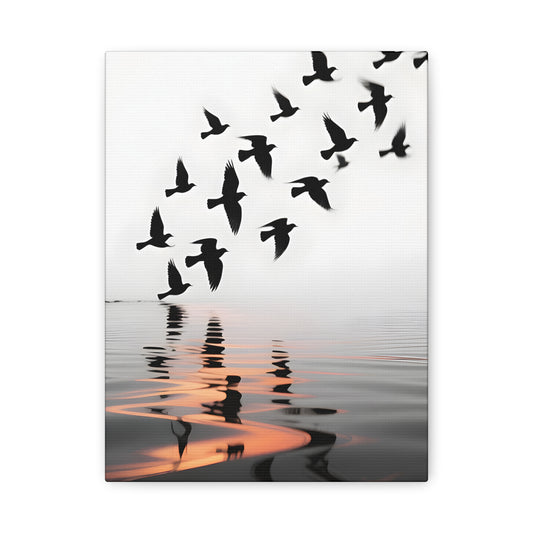 Canvas Wall Art — Flock of Birds Silhouette over Reflective Water (Matte Stretched) - S & M Design Studios