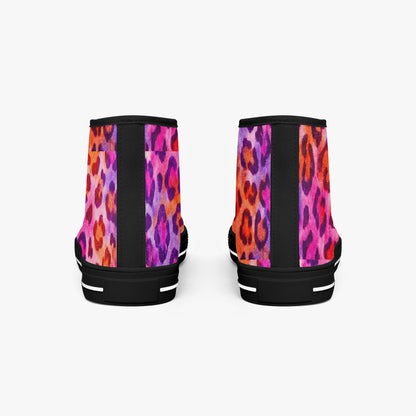 Black high-top sneakers with colorful leopard print pattern on a white background