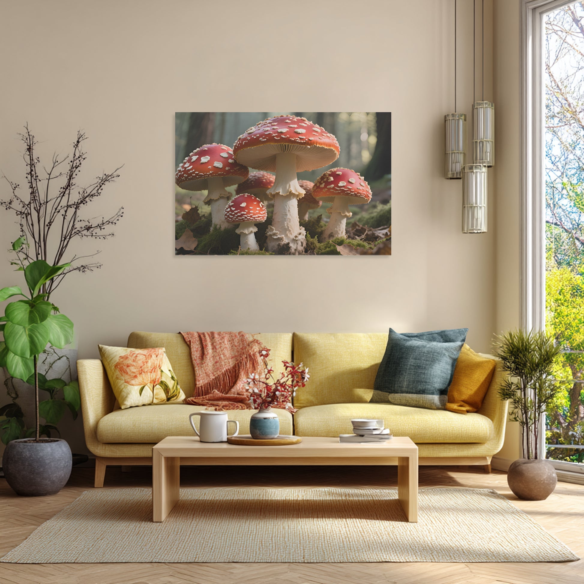 Living room with a yellow sofa, coffee table, and mushroom-themed wall art.