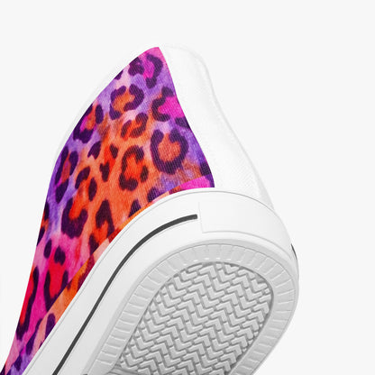 Sneaker with a colorful leopard print heel on a white background