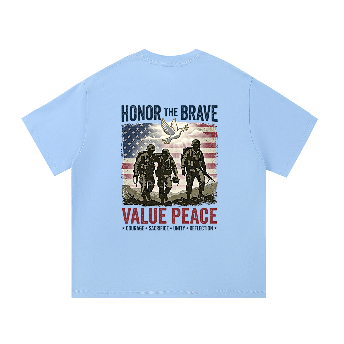 Light blue t-shirt with graphic design featuring soldiers, an American flag, and text on a white background. Support The Troops T-Shirt
Protest The War