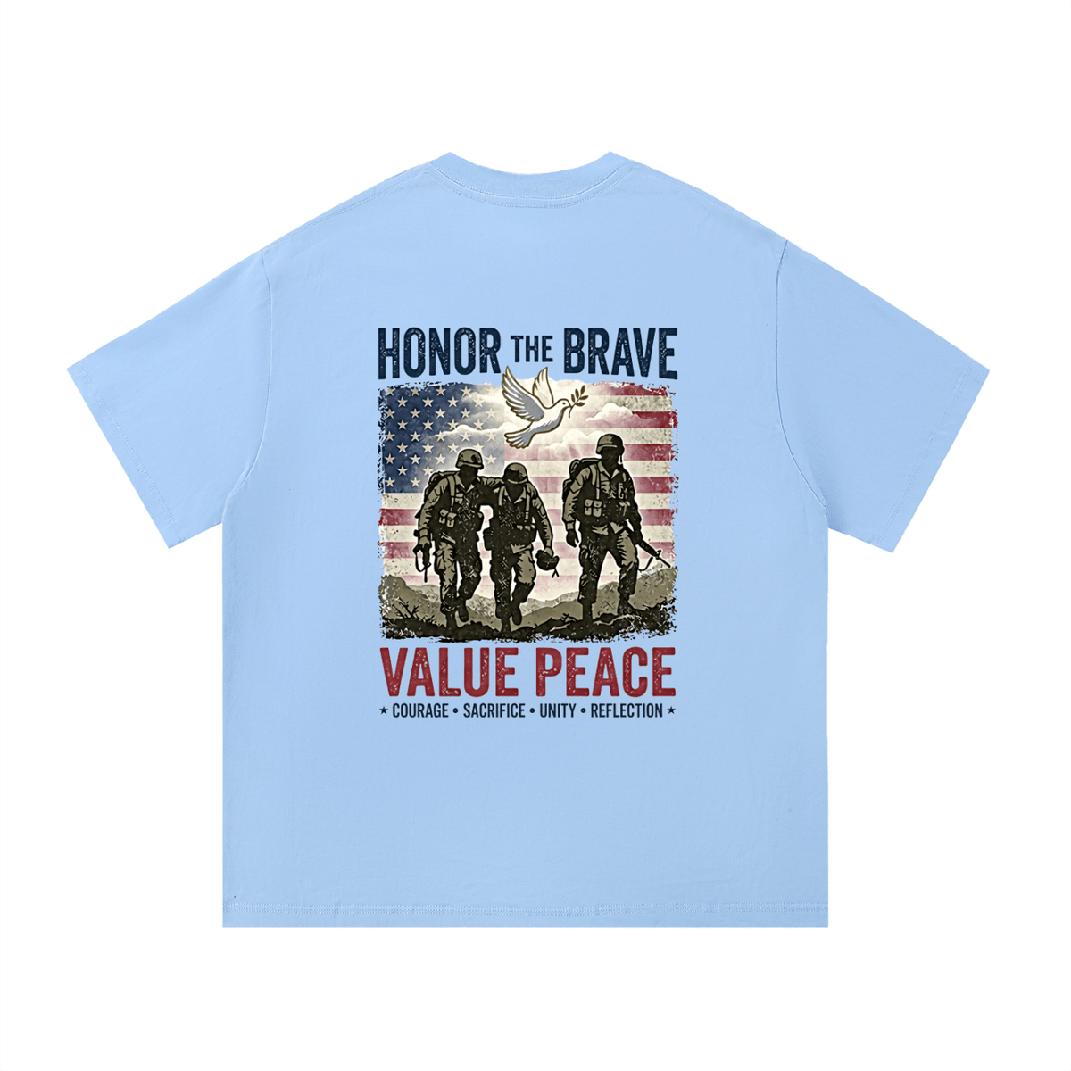 Light blue t-shirt with graphic design featuring soldiers, an American flag, and text on a white background. Support The Troops T-Shirt
Protest The War