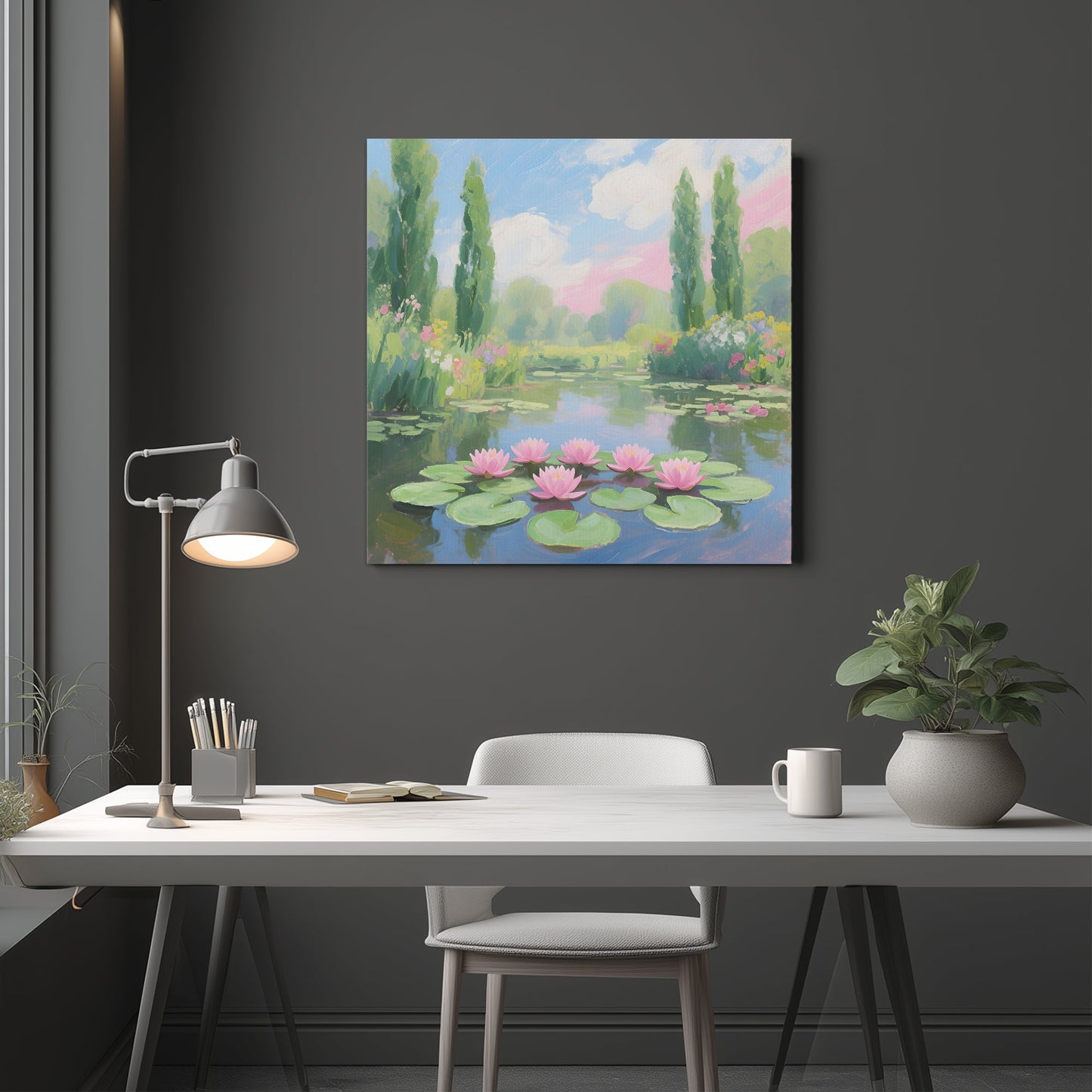 Painting of a pond with lilies on a dark gray wall above a desk.