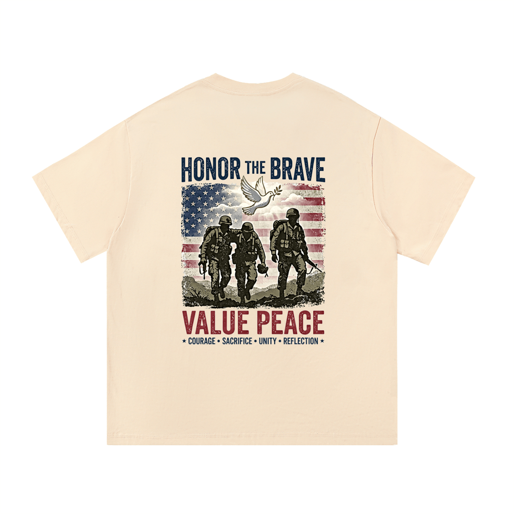 Beige t-shirt with graphic design of soldiers, American flag, and text on a white background. Support The Troops T-Shirt
Protest The War