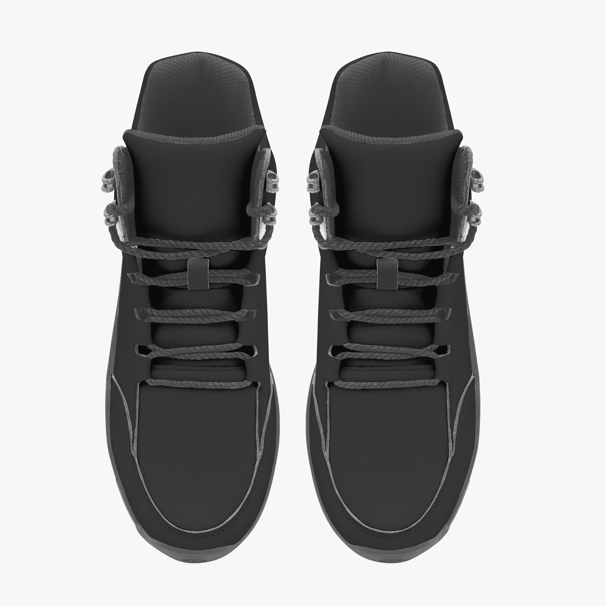 Black hiking boots with unique design elements on a white background