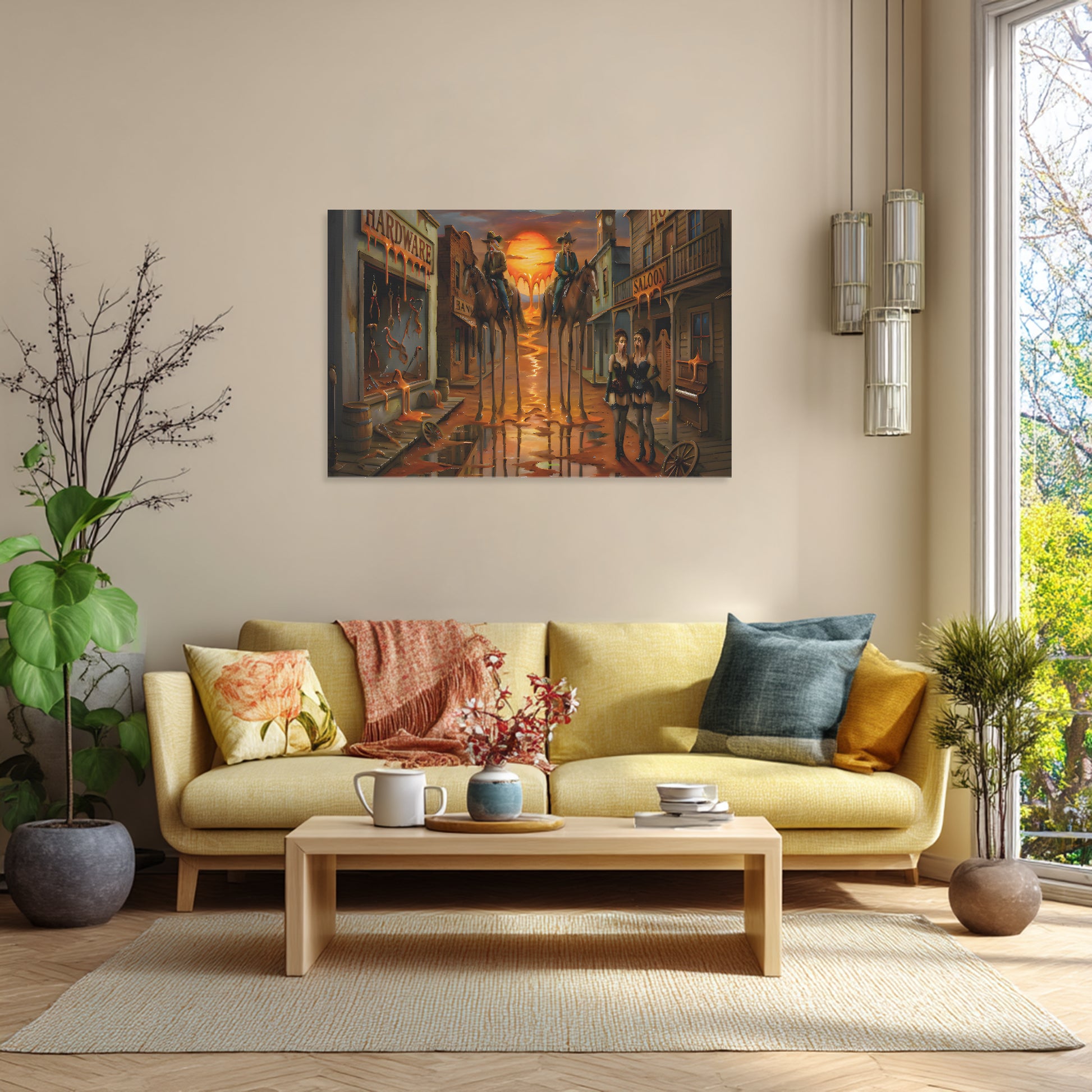 Living room with a yellow sofa, coffee table, and decorative items. Dali Inspired Wild West