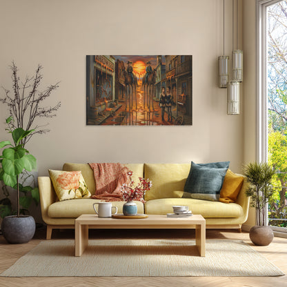 Living room with a yellow sofa, coffee table, and decorative items. Dali Inspired Wild West