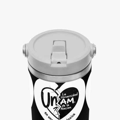 Black tumbler with a white heart-shaped logo featuring text on a white background. UNAM