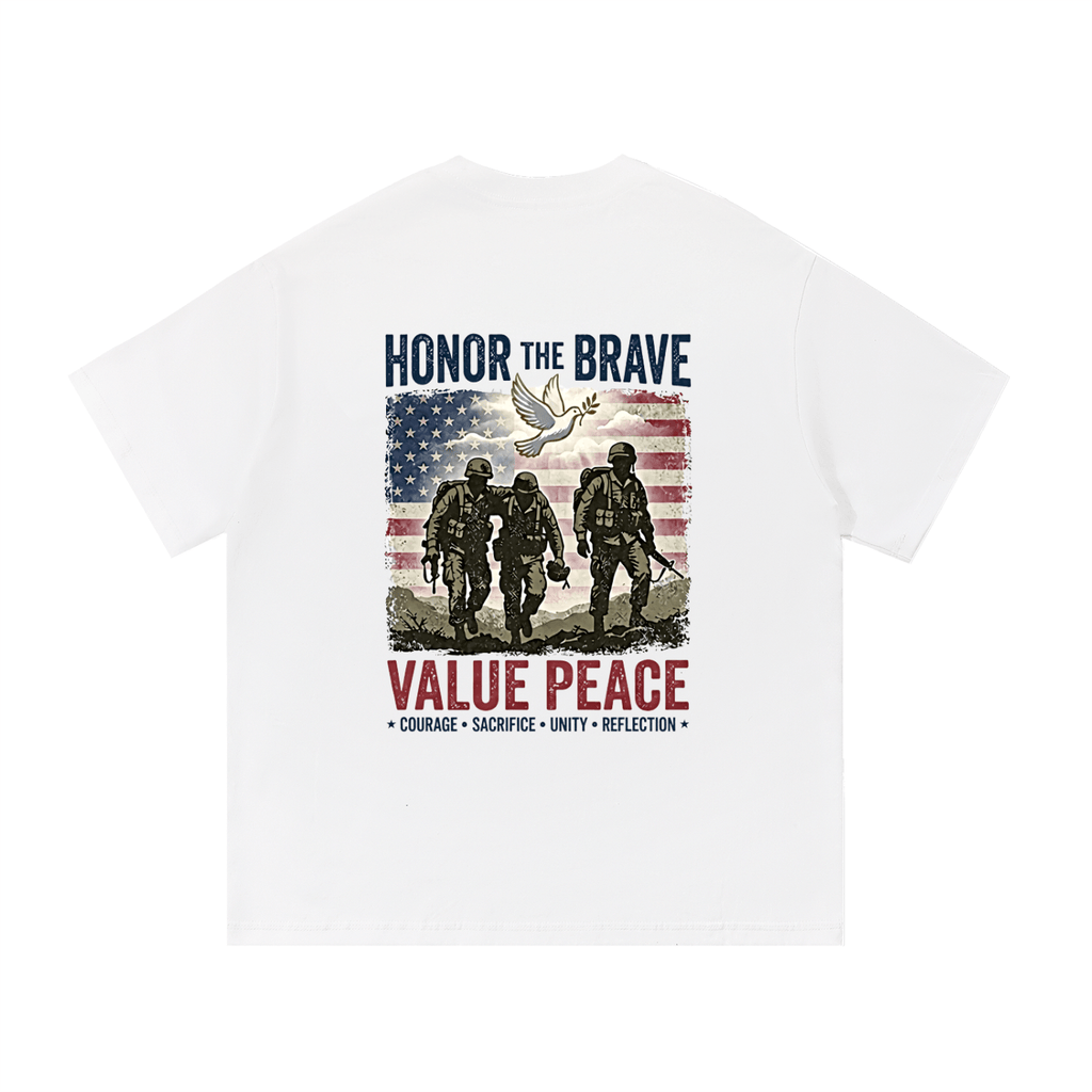 White t-shirt with graphic design featuring soldiers, a dove, and text on a white background. Support The Troops T-Shirt
Protest The War