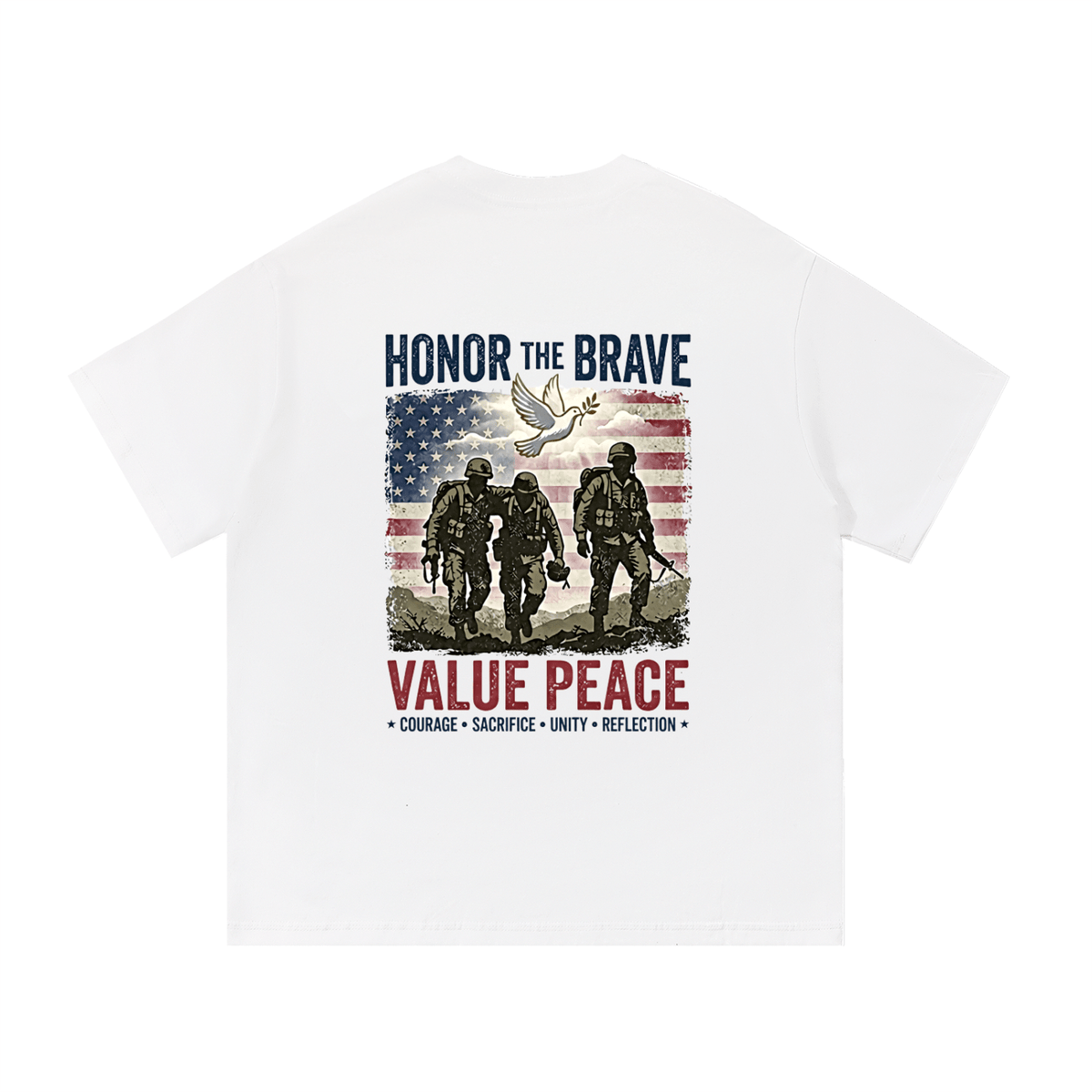 White t-shirt with graphic design featuring soldiers, a dove, and text on a white background. Support The Troops T-Shirt
Protest The War