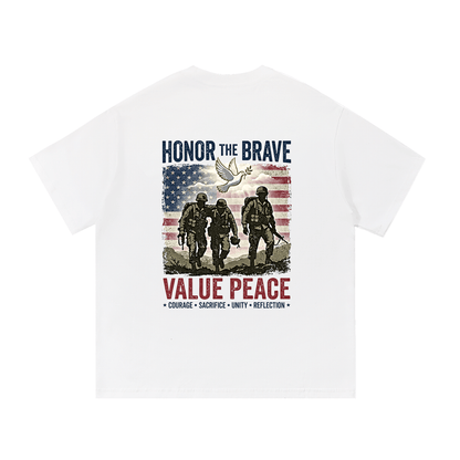 White t-shirt with graphic design featuring soldiers, a dove, and text on a white background. Support The Troops T-Shirt
Protest The War