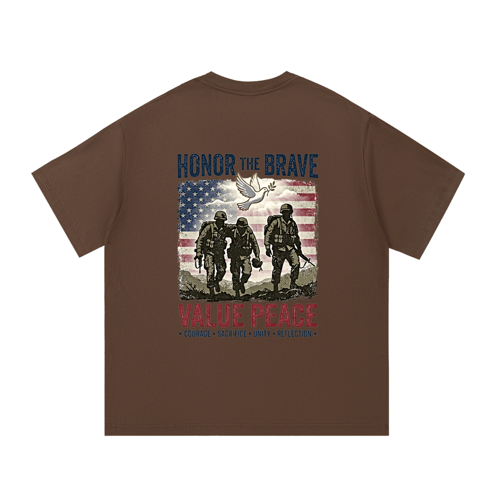 Brown t-shirt with graphic design of soldiers, American flag, and text on a white background. Support The Troops T-Shirt
Protest The War
